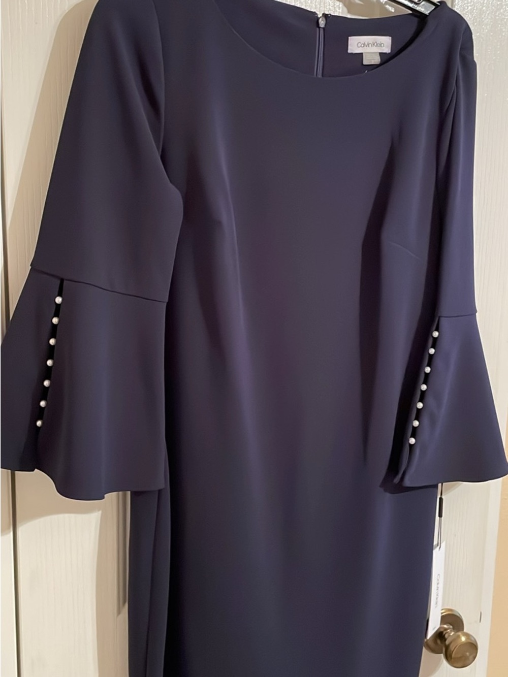 Calvin Klein Dark Navy Pearl-Accent Bell Sleeve Midi Dress